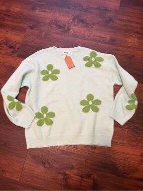 ADORA Mint Green Floral Crewneck Sweater with Chartreuse Flowers